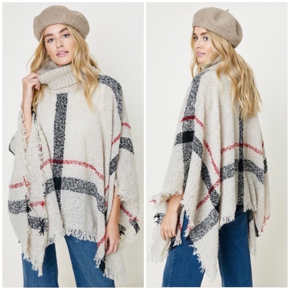 Sweaters - SOLD OUT Ivory Plaid Holiday Turtleneck Knit Sweater Poncho